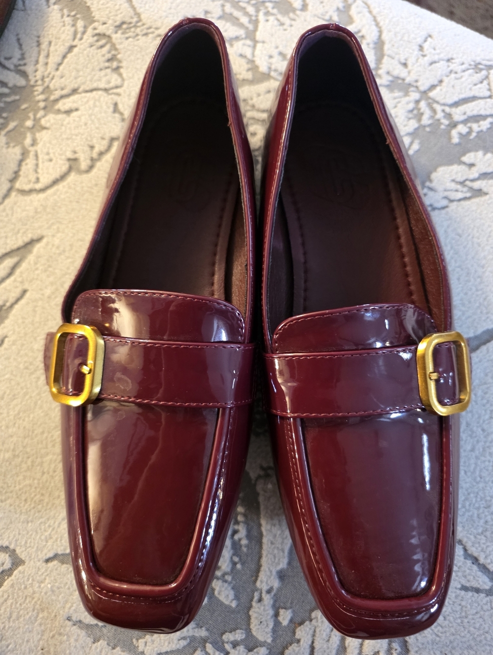 Patent Leather Burgundy Loafers with Gold Buckle